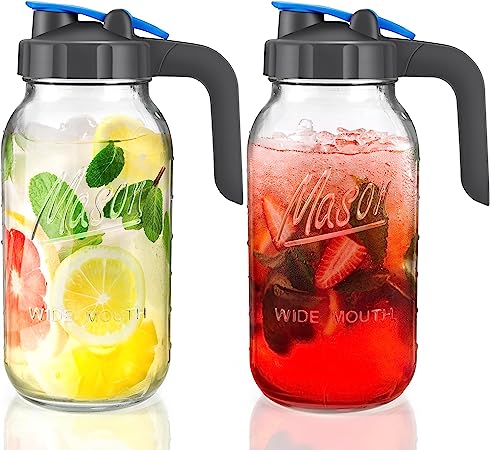 2 Pack 64 oz Sun Tea Pitcher, Half Gallon Mason Jar Pitcher with Wide Mouth Airtight Lid for Ice Tea, Cold Brew Coffee, Fridge Water, Breast Milk, Juices, Leak Proof