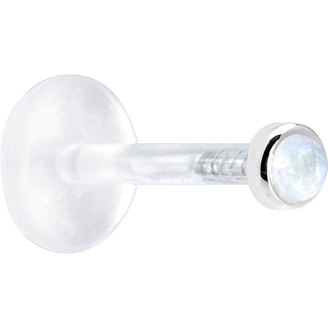 Body Candy Solid 14k White Gold 2mm Genuine Rainbow Moonstone Bioplast Push in Labret 16 Gauge 3/8"