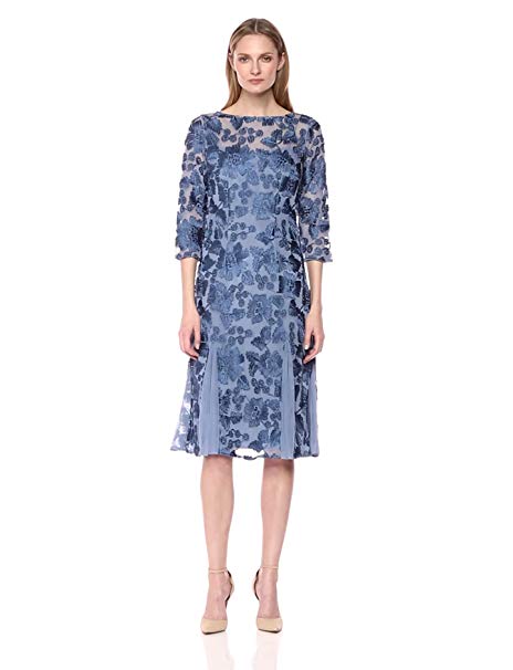 Alex Evenings Women's Tea Length Embroidered Dress with Illusion Sleeves