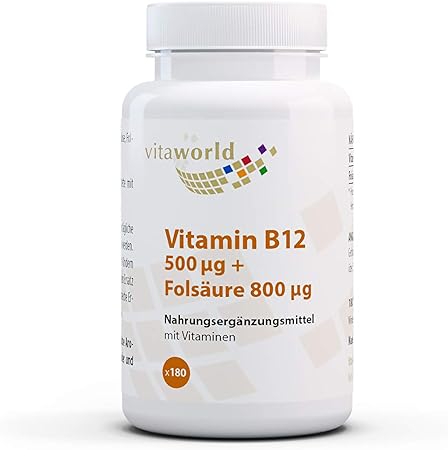 Vita World Vitamin B12 500 µg   Folic Acid 800 µg 180 Tablets Vegan/Vegetarian Made in Germany