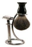 Complete Shaving Kit Double Edge Safety Razor Pure Badger Brush Heavy Chrome Stand with Travel Case Premium Wet Shave Set