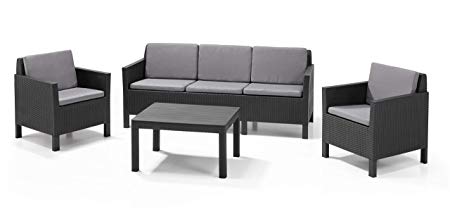 Allibert by Keter Chicago 5 Seater Rattan Lounge Set Outdoor Garden Furniture - Graphite with Grey Cushion