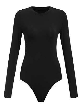 Floerns Women's Solid Long Sleeve Crew Neck Tight Romper Jumpsuits Bodysuit
