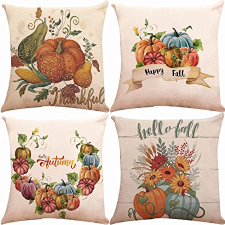 ZUEXT Fall Pillow Covers 20x20 inch, Set of 4 Cotton Linen Burlap Hello Autumn Pumpkin Throw Pillow Cases for Fall Decor Farmhouse Fall Decorations Thanksgiving Halloween Decorative Pillow Cover