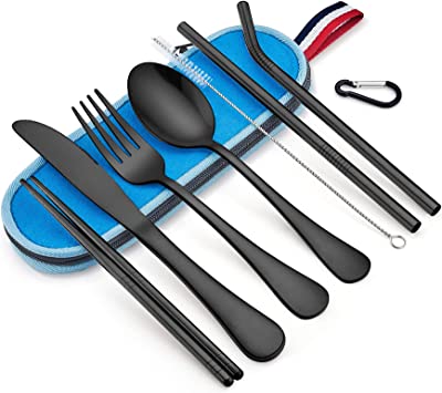 LIANYU 8-Piece Black Travel Silverware Utensils Set, Portable Stainless Steel Flatware Set, Reusable Cutlery with Chopsticks Straws, Blue Case