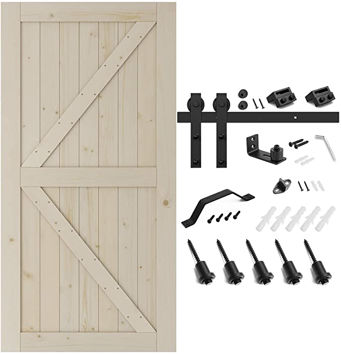 SMARTSTANDARD 42in x 84in Sliding Barn Door with 7ft Barn Door Hardware Kit & Handle, Pre-Drilled Ready to Assemble, DIY Unfinished Solid Spruce Wood Panelled Slab, K-Frame, Natural