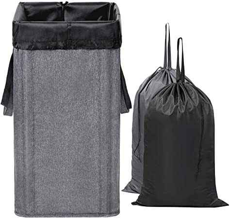 WOWLIVE Large Laundry Hamper Collapsible with 2 Removable Laundry Bags Tall Laundry Basket Foldable Dirty Clothes Hamper with 2 Handles Rectangular Washing Bin Dorm Room Storage (Upgraded Gray)