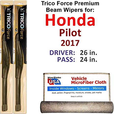 Premium Beam Wiper Blades for 2017 Honda Pilot Driver & Passenger Trico Force Beam Blades Wipers Set of 2 Bundled with Bonus MicroFiber Interior Car Cloth