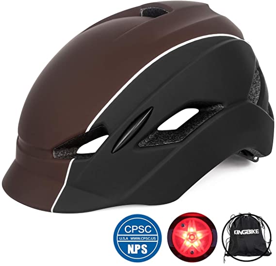 KINGBIKE City Urban Bike Helmet for Men Women,with Portable Backpack,Safety Taillight,CPSC Certified(Fit Head Size56-60CM) (Black White, L)