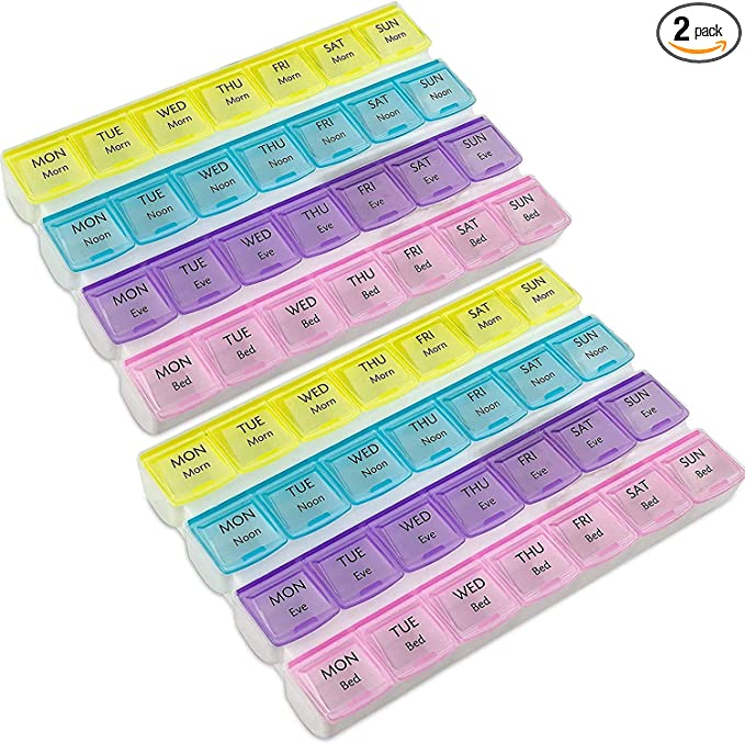 Weekly Pill Organizer - 4-Times-a-Day Pill Planner (Pack of 2) Pill Box Separates Pills & Vitamins with Daily Morning, Noon, Evening & Night Compartments, Travel Medication Reminder Monday to Sunday