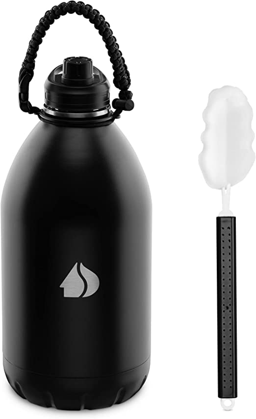 Navaris Insulated 1 Gallon Water Bottle - Stainless Steel Jug 128 oz - One Gallon Metal Bottle with Sports Cap, Carry Strap, Bottle Brush - Black