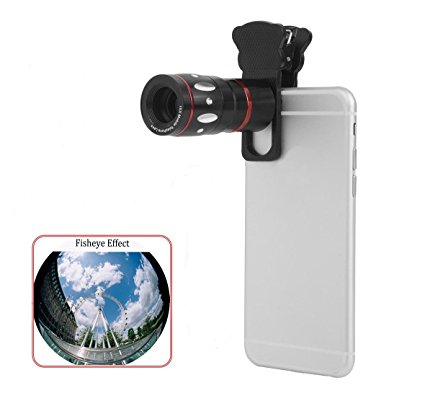 HeQiao Universal 4 in 1 Clip-on Cell Phone 10x Optical Zoom Telephoto Fish Eye Telescope/Wide Angle/Micro Clip Lens for iPhone 7/7plus,iPhone 6S 6,Samsung,Ipad,Tablet,Smartphone-Black Red