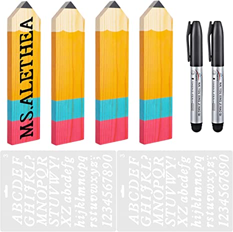 8 Pieces Personalized Pencil Name Plate Blank Wooden Desk Sign with Marker Pen and English Letter Template Teacher Appreciation Presents for Classroom School Wood Decor Christmas Party Supplies