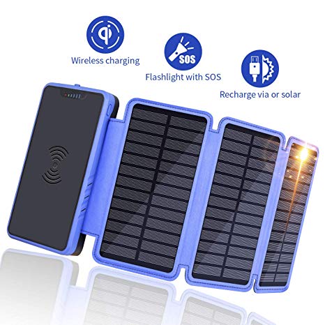 Solar Charger, Soluser 20000mAh Wireless Solar Power Bank Waterproof External Battery Pack Hurricane Bank with 3 Solar Panels, Dual 2.1A Port, Emergency Flashlight, Portable Phone Charger for Smartph