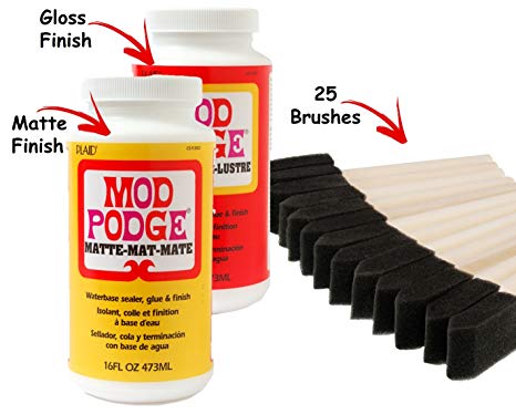 Mod Podge Original 16-ounce Glue, Matte Finish and 16-ounce Gloss Finish. Includes 25 1-inch Foam Brushes. Never Be Stuck Without the Right Finish!