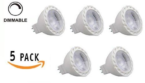 Pack of 5 LED Dimmable COB MR16 6W GU5.3 12v- 400 Lumens Warm White 3000K, 40 Watt Halogen Equivalent, 45 Degree Beam Angle- Landscape, Recessed, Track lighting