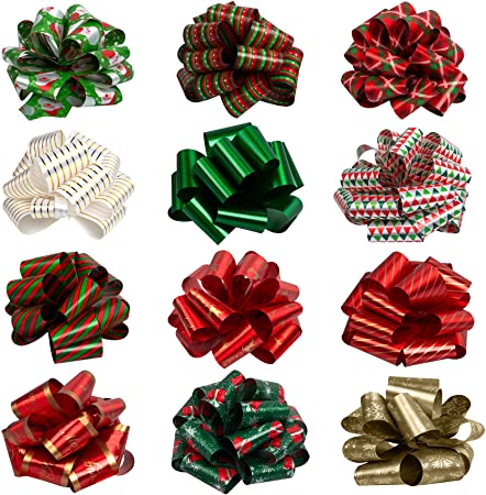 12 Pieces Christmas Bows for Gift Wrapping, Pull Bows for Present, Easy and Fast Wrapping Christmas Gift Bows with Ribbon, Holiday Gift Bows for Boxing Day, Hanukkah, Wreath, Christmas Tree (5" Wide)