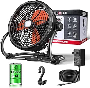 12" High Velocity Floor Fan, Rechargeable Outdoor Indoor Fan, 15000 mAH Cordless Portable Battery Operated Fan Run for 4.5-18 Hours, 360° Adjustable Tilt Industrial Camping Fan with Led Light