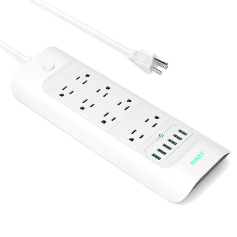 AUKEY Surge Protector 6 Ports 6A USB Charger with 8 Outlets Power Strip 5ft Cord Office/Home Power Socket