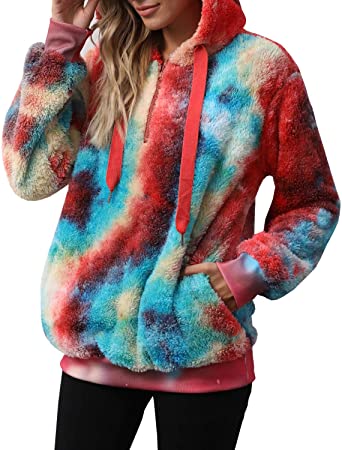 ReachMe Womens Oversized Tie Dye Sherpa Hoodie with Pockets Fuzzy Fleece Sweatshirt Fluffy Pullover Sweater