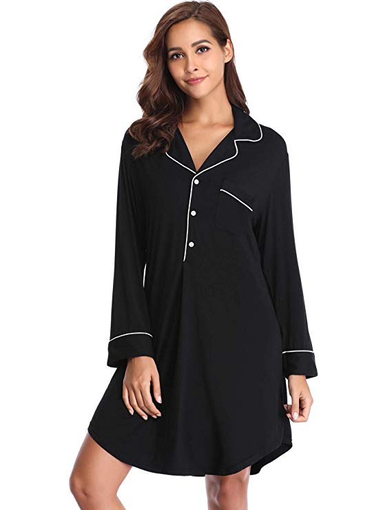 Lusofie Nightgown Women's Long Sleeve Nightshirt Boyfriend Sleep Shirt Button-up Lapel Collar Sleepwear