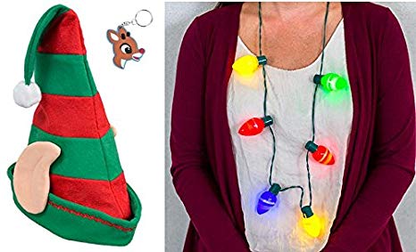 Holiday Elf Hat with Ears, Light Bulb Necklace, and Christmas Character Keychain- Ugly Sweater Party Kit