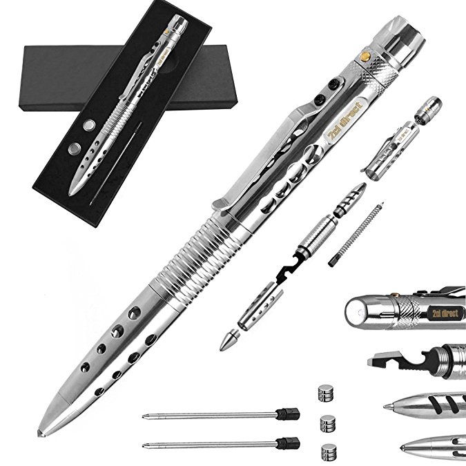 Tactical Pen Self Defense Tool for Survival - 303 Stainless Steel Badass EDC - Tactical Flashlight, Ballpoint Pen, Glass Breaker, Multitool - 2 Inks & 3 Batteries Sets