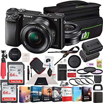 Sony Alpha a6000 Mirrorless Digital Camera with 16-50mm Lens Bundle with 2X 64GB Memory Card, Photo and Video Professional Editing Suite, 40.5mm Filter Set, Battery and Accessories (4 Items)