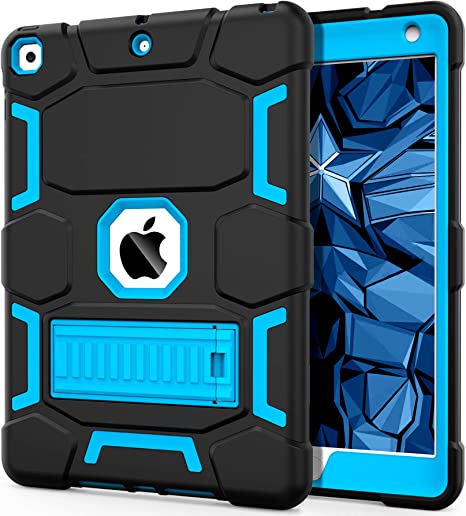 CCMAO iPad 9th Generation Case, iPad 8th/7th Generation Case, iPad 10.2 2021/2020/2019 Case with Kickstand, Heavy Duty Shockproof Hard Hybrid Three Layer Protective Cover for Kids Boys, Black Sky Blue