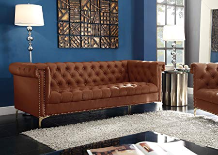 Iconic Home Winston PU Leather Modern Contemporary Button Tufted with Gold Nailhead Trim Goldtone Metal Y-Leg Sofa, Brown
