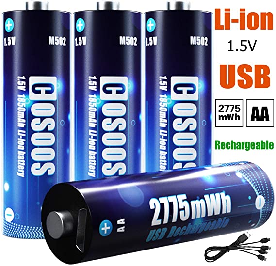 Rechargeable AA Batteries 4 Pack, 1850mAh Lithium AA Batteries, Long Lasting Double A Batteries with USB Charge Cable, 1.5V/2775mWh Batteries AA for Electronics, Toy Cars, Game Controller, Mouse