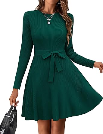 Hotouch Women's Long Sleeve Sweater Dress Crewneck A-Line Swing Casual Dress Bodycon Ribbed Knit Dresses with Belt
