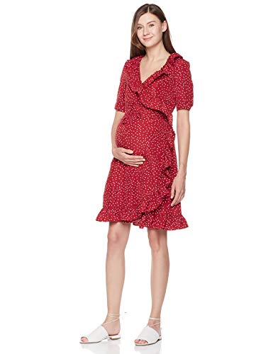 Abie Women's Maternity Wrap Ruffle Print V-Neck Short Sleeve Woven Midi Dress