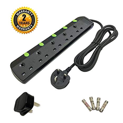 TISDLIP Extension Lead Black Surge Protected 5 Gang 6.56 Feet With Individual Switch