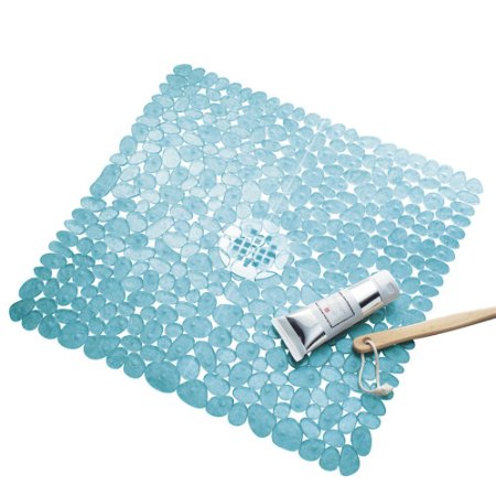 InterDesign Pebblz Non-Slip Suction Bath Mat for Shower, Bathtub - Square, Blue