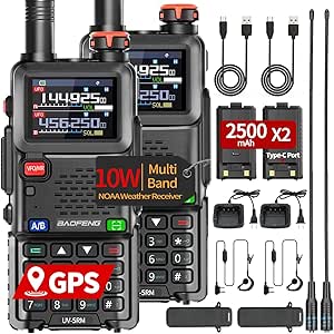 BAOFENG 5RM GPS Ham Radio 10W Long Range (Upgrade of UV-5R) Handheld NOAA Weather Receiver 2500mAh Battery High Power Rechargeable UV5R Walkie Talkies with Type-C Charging,2 Pack