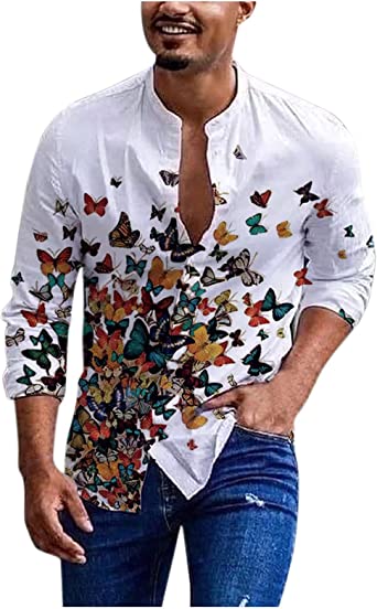 WOCACHI Cotton Linen Shirts for Mens, Summer Button Down Long Sleeve Butterfly Boho Print Casual Hawaiian Shirts Tops