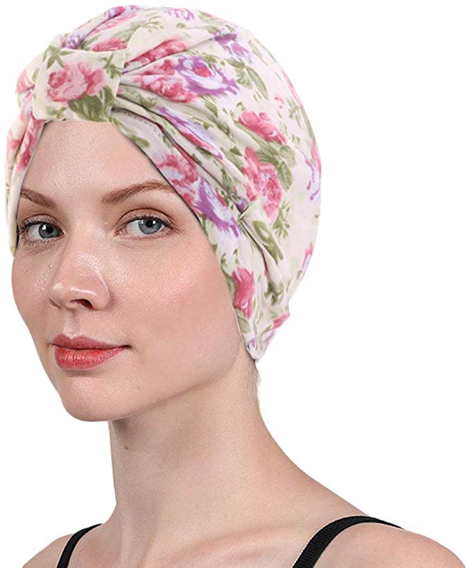 Women’s Turban Cotton Double Layer Satin Liner Chemo Cap Flower Print Beanie Head wrap Bonnet Hair Loss Hat
