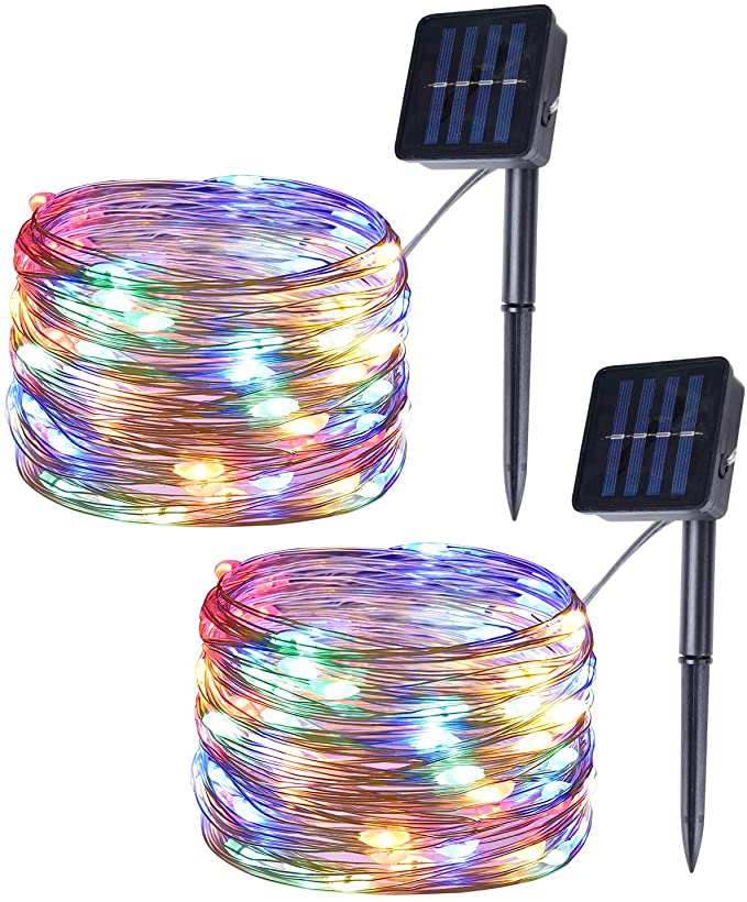 Milky Way Ave 2 Pack 100 LED Solar String Lights, Outdoor Multicolor Copper Wire Fairy Lights, Waterproof Garden Decoration Christmas Lights