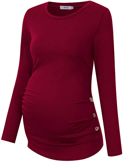 Coolmee Maternity Shirt Side Button and Ruched Maternity Tunic Tops Maternity Short Sleeve T-Shirts