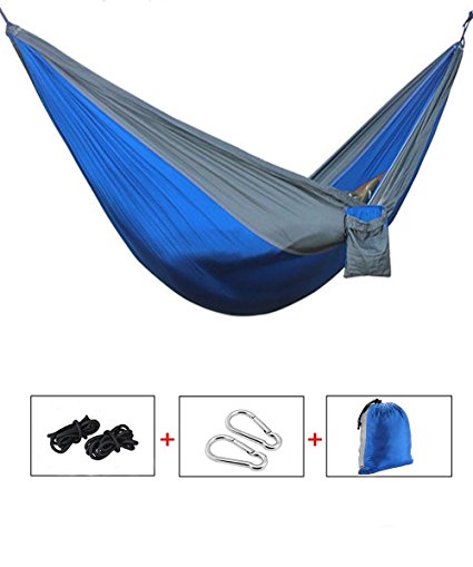 Yingee Camping Hammock, Light Nylon Cloth Parachute Multifunctional Light Double Outdoor Camping Hammock, Sleeping Bag, Camping Camping, Beach, Pier, Garden 2 x Hanger (Blue)