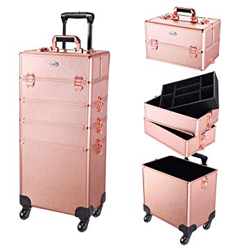 AW 4 in 1 Portable Rolling Makeup Train Case Trolley Cosmetic Box Organizer Travel Case Aluminum Frame Lockable