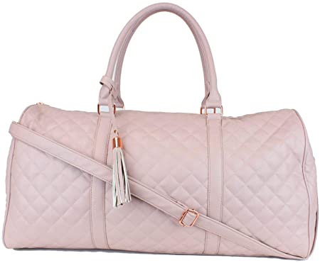 Women's Quilted Leather Weekender Travel Duffel Bag With Rose Gold Hardware - Large 22" Size - Cute Satin Inner Lining - Dusty Pink
