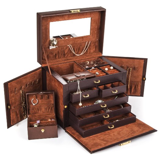 Shining Image Brown LEATHER JEWELRY BOX / CASE / STORAGE / ORGANIZER WITH TRAVEL CASE AND LOCK