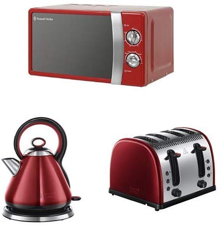 Russell Hobbs 17 L, 700 W Manual Microwave with Legacy Kettle, 3000 W and Legacy 4 Slice Toaster - Metallic Red