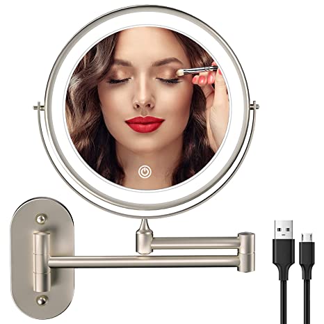 Rechargeable Wall Mounted Lighted Makeup Vanity Mirror with 3 Color Lights, 8 Inch Double Sides LED Bathroom Mirror with 1X/5X Magnification, 360° Swivel Extension Shaving Magnifying Mirror with Light