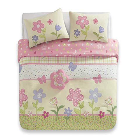 Comfort Spaces - Happy Flower Comforter Set - 5 Piece - Pink - Adorable Printed Plaid with Floral and Butterfly - Full/Queen Size, Includes 1 Comforter, 2 Shams, 1 Dec Pillow, and Valance