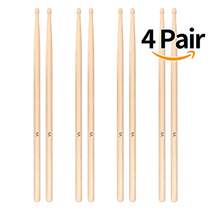 Drum Sticks 5A, Wood Tip Drumsticks - 4 Pairs, Maple