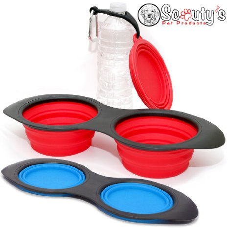 Scouty's Travel Dog Bowl Collapsible Portable Set For Pet Food Water - Silicone 24oz Feeder