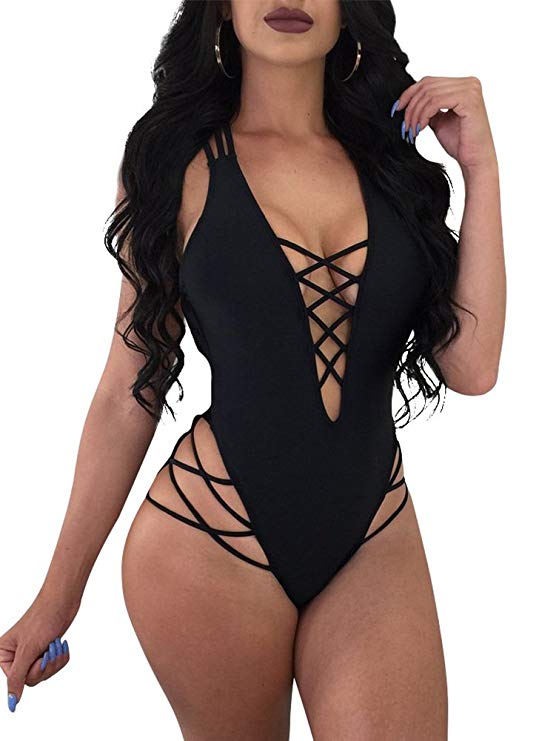 LAGSHIAN Womens Sexy One Piece Lace up Straps Swimsuit Bathing Suit Swimwear